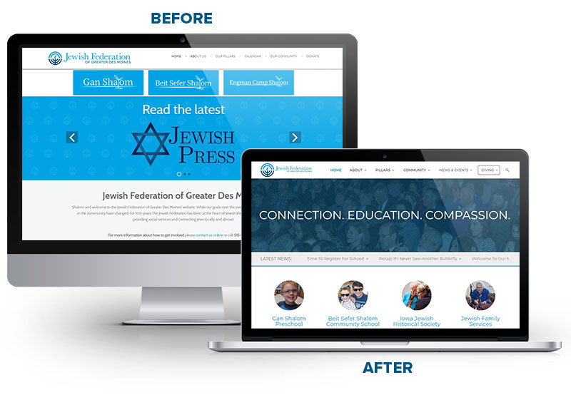 Jewish Federation of Greater Des Moines old and new website comparison